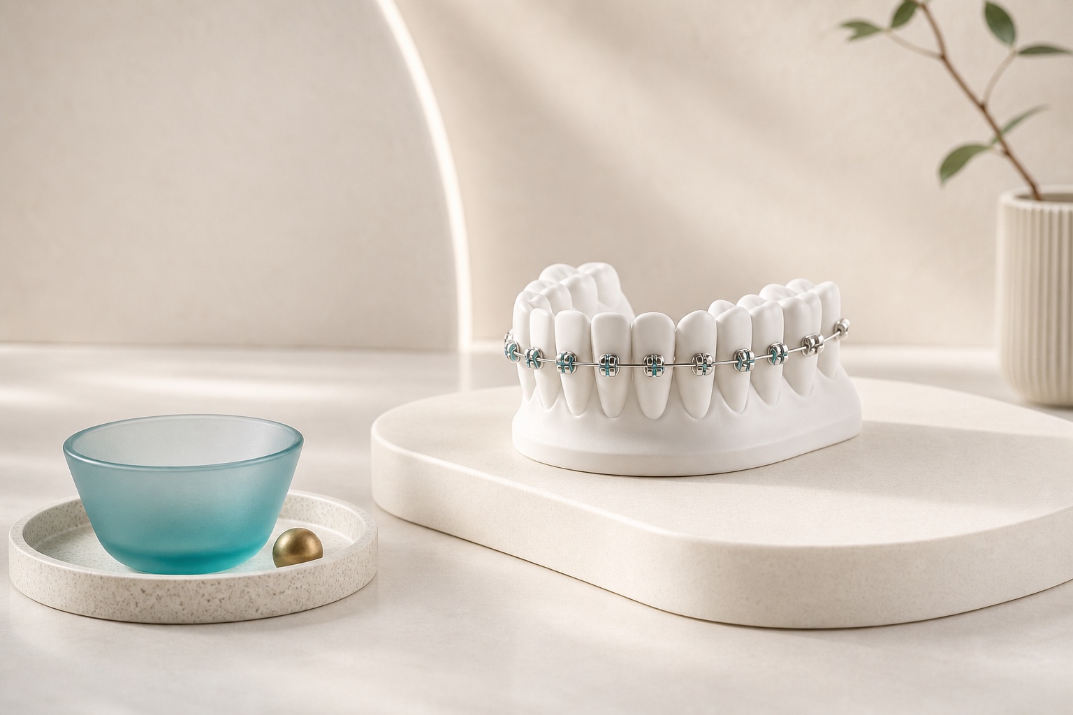Premium dental model with clean orthodontic brackets and archwire