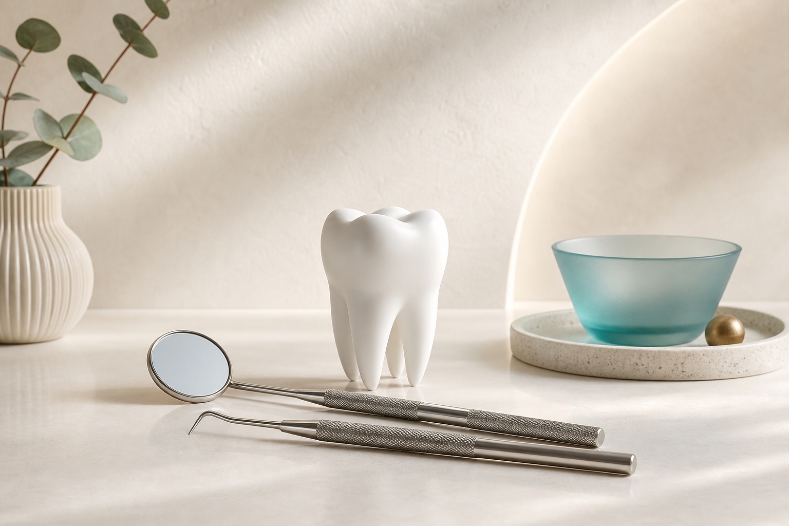 Premium dental still life with a tooth model, dental mirror, and professional cleaning instruments