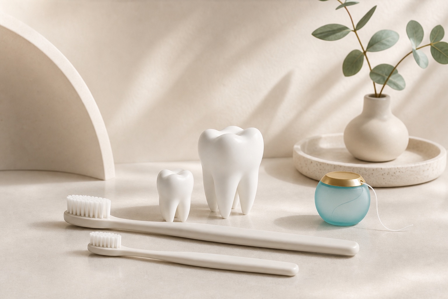 Premium family dental-care still life with adult and child toothbrushes and tooth models