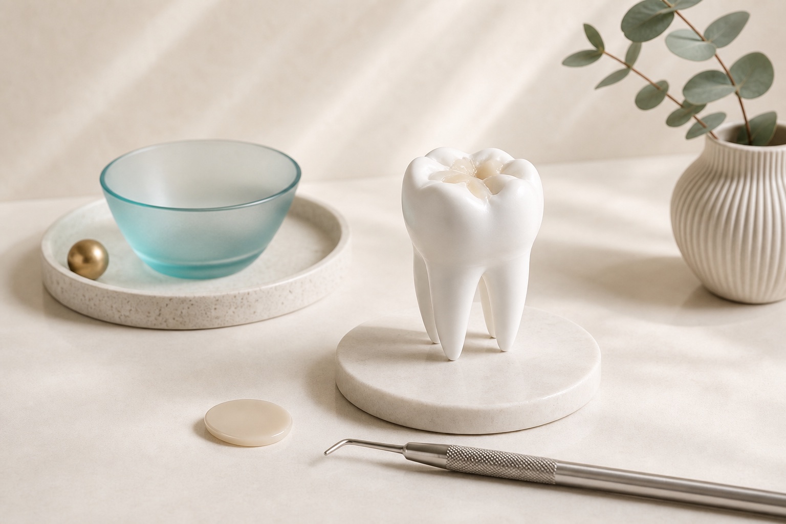 Premium dental still life showing a tooth-coloured restoration on a molar model