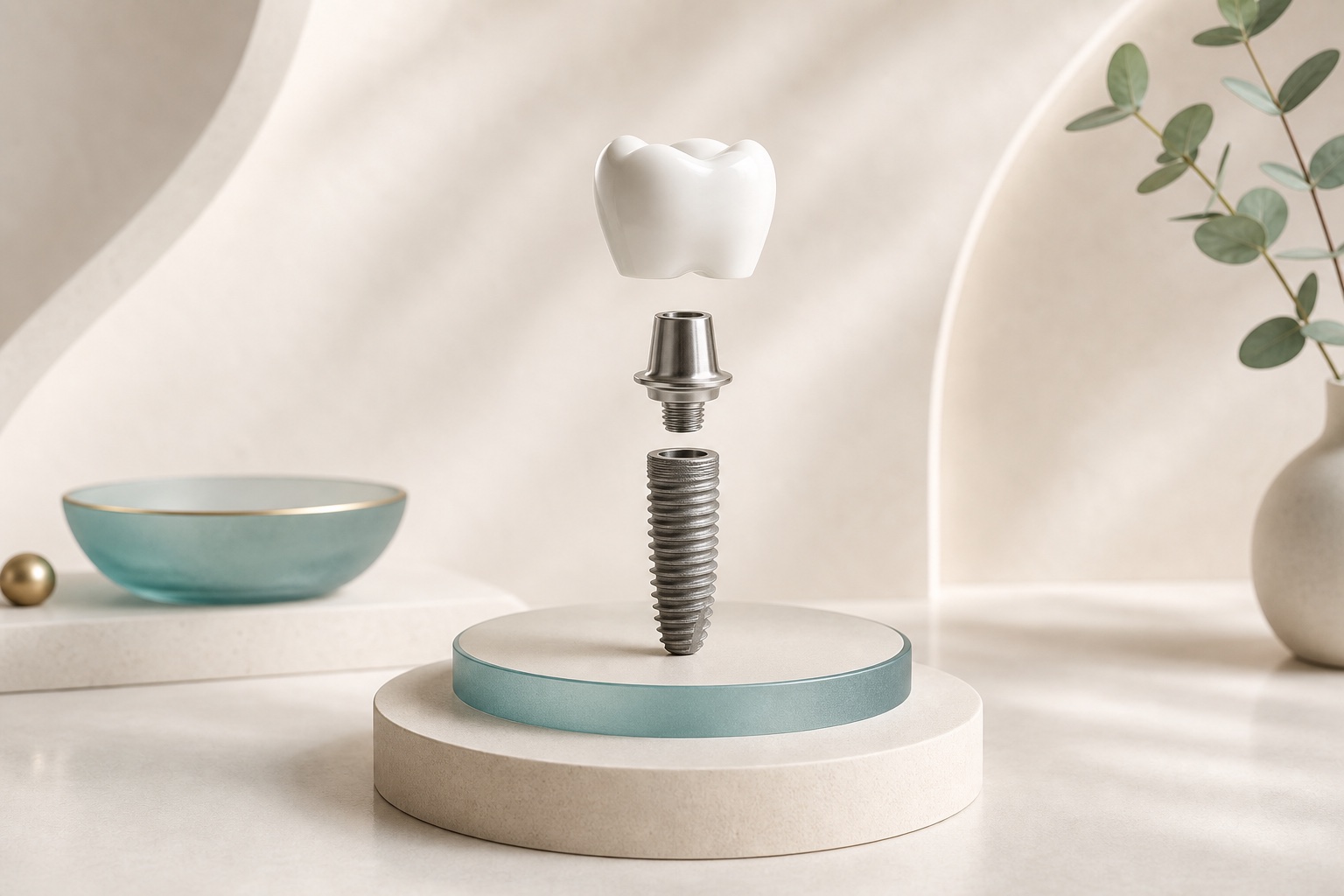 Premium educational arrangement of a dental implant, abutment, and ceramic crown